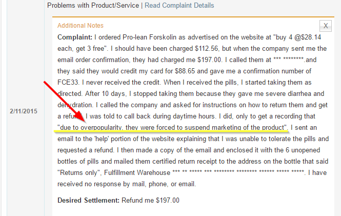 Pro Lean Forskolin BBB Complaint Image 1