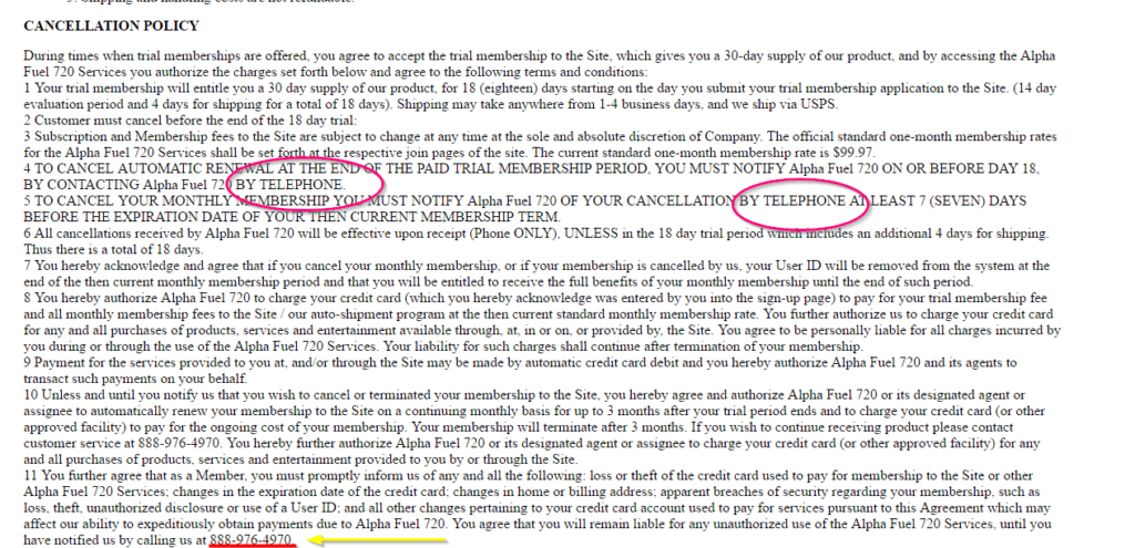 alpha fuel 720 terms phone number