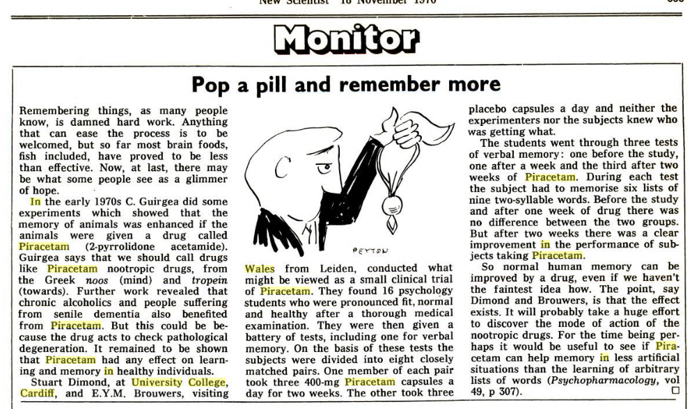 university college in Cardiff, Wales piracetam study 1976