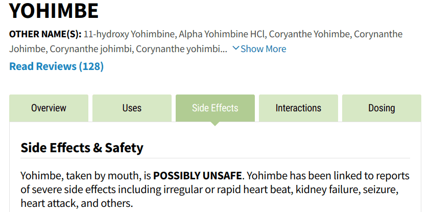 Yohimbe is a main ingredient in Virility Ex and can cause some serious side effects