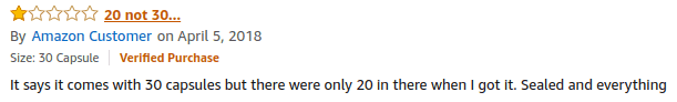 Amazon reviewer complains of not getting the full quantity of capsules in his MuscleTech bottle.<br><br>