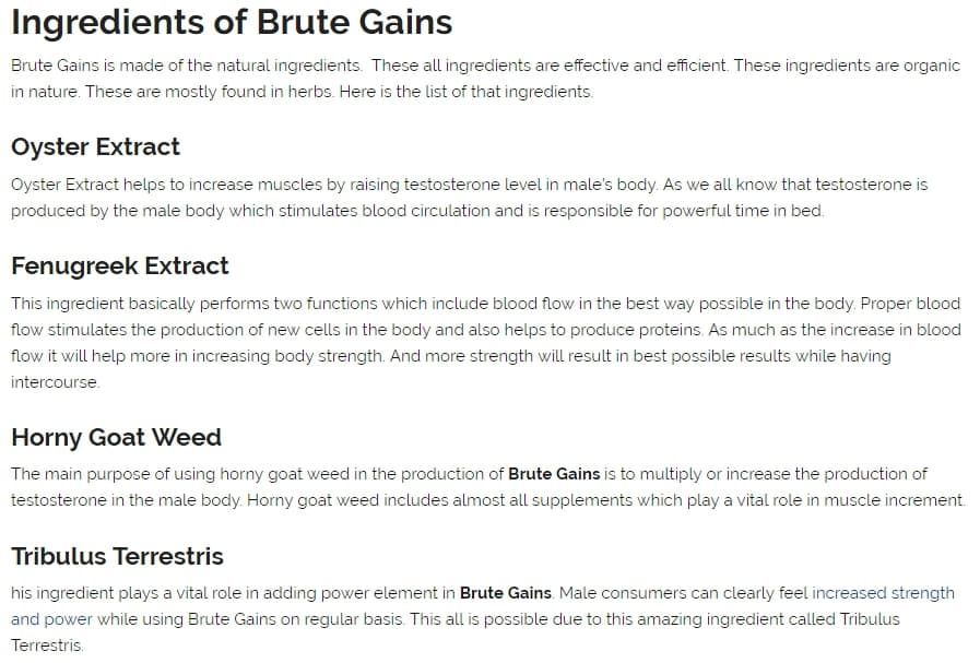 ingredients in brute gains according to one site