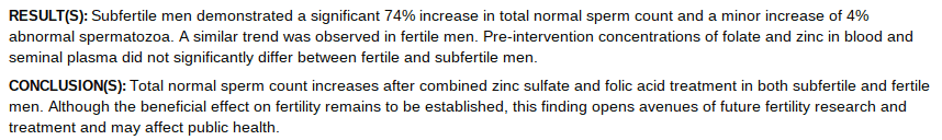 One study shows the positive effects folic acid and zinc sulfate have on sperm count