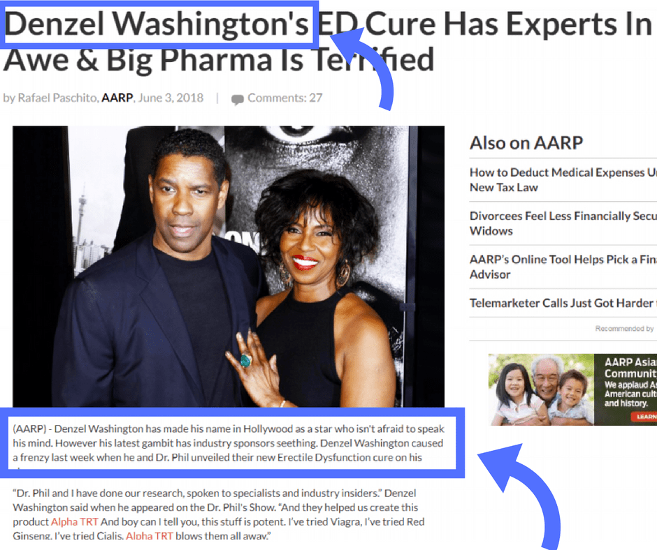 Alpha TRT ad that says Denzel Washington created the product.