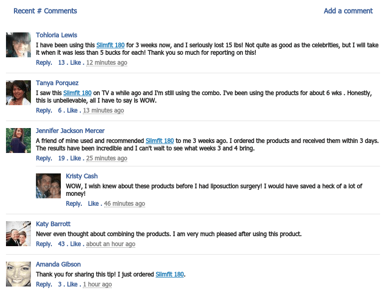 Slimfit 180 scam includes fake facebook comments