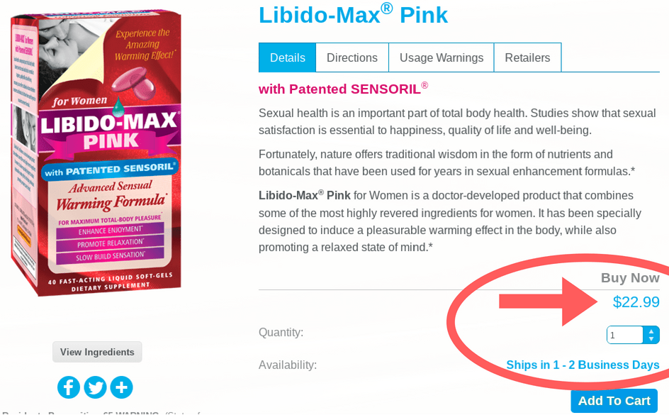 Libido Max For Women costs about $22 for 40 gel caps