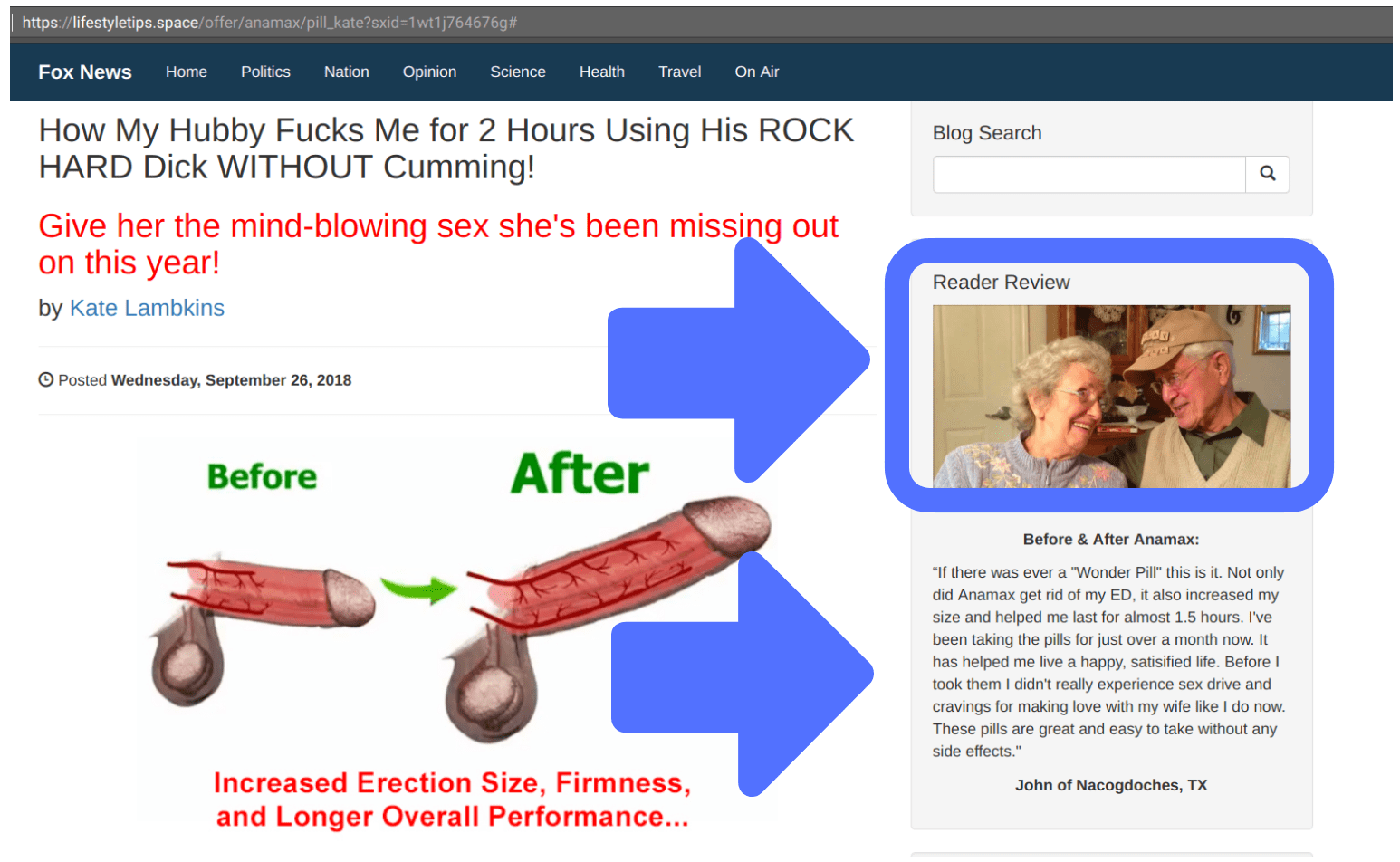 Amadex uses an elderly couple as a fake testimonial to sell their male sex enhancement pills