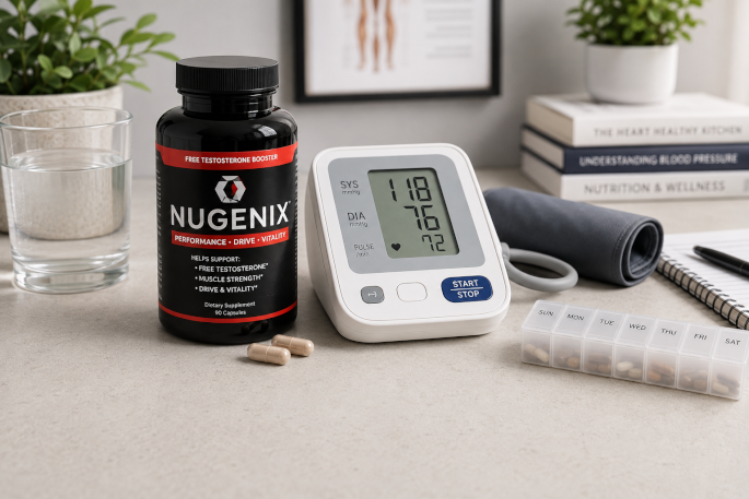 Blood pressure monitor shown beside Nugenix bottle in a safety review